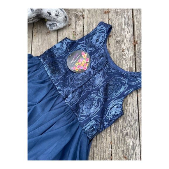 Dark Blue Party Tank Dress Sequins Handkerchief Tiered Hemline Sz 7 Youth - Picture 4 of 13